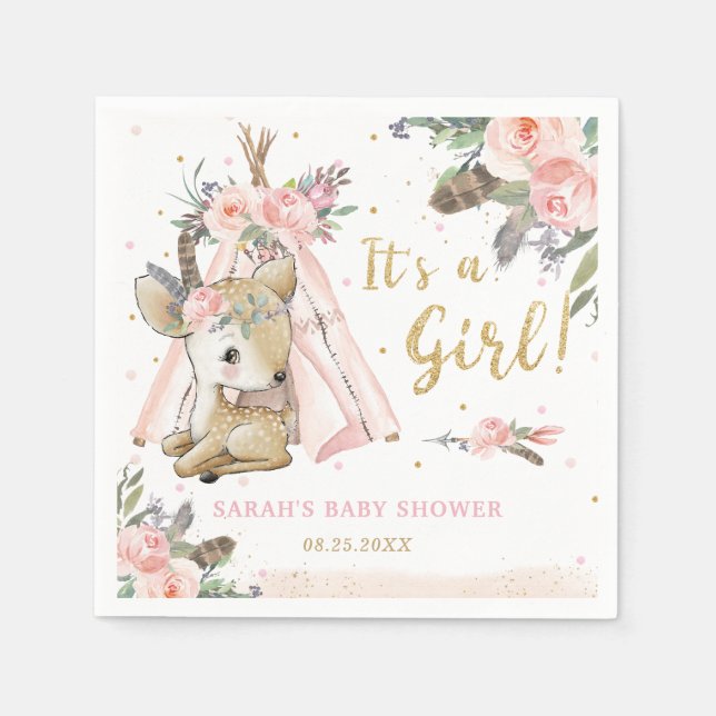 Servilleta De Papel Baby Shower, Chica tribal Woodland Deer Boho (Anverso)