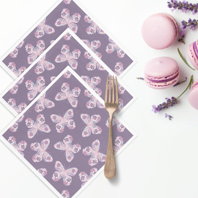Servilleta De Papel Baby Shower con estampado de mariposa morada flora (Shown on standard luncheon)