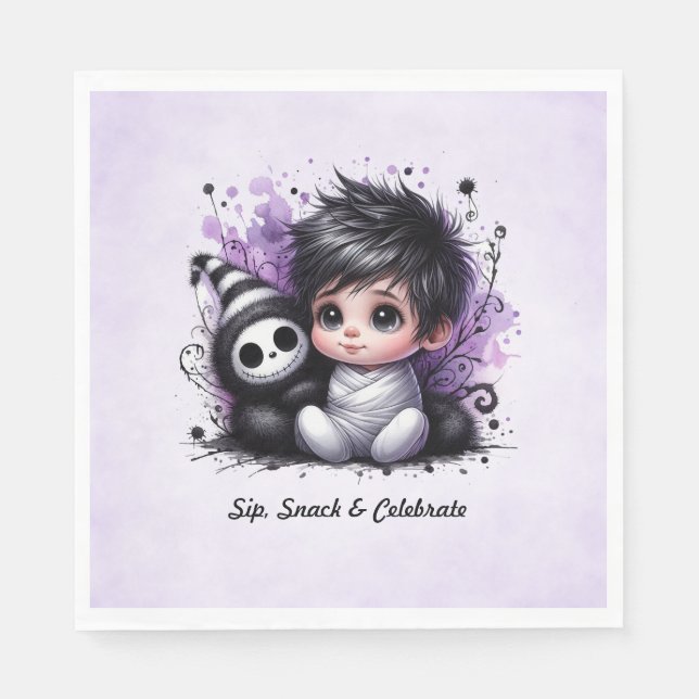 Servilleta De Papel Baby Shower con temática de Halloween - Bebé gótic (Anverso)