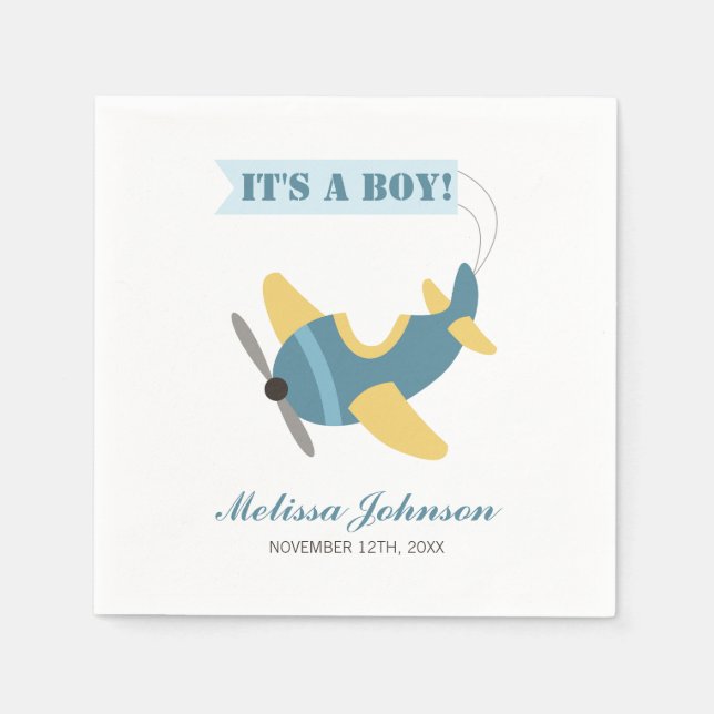 Servilleta De Papel Baby Shower de Airplane Blue Yellow Boy (Anverso)