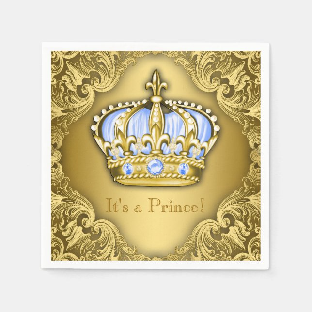 Servilleta De Papel Baby Shower de Baby Blue y Gold Crown (Anverso)