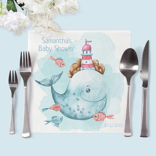 Servilleta De Papel Baby Shower de ballena personalizada (Cute Personalized Whale Baby Shower Napkins
)
