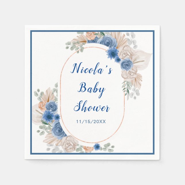 Servilleta De Papel Baby Shower de Boho Blue Pampas (Anverso)
