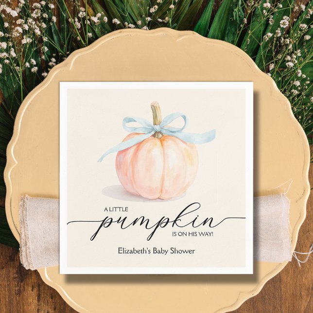 Servilleta De Papel Baby Shower de calabaza azul (Blue Bow Little Pumpkin Boy Baby Shower Napkins)