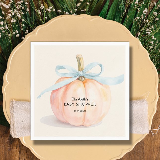 Servilleta De Papel Baby Shower de calabaza azul (Blue Bow Little Pumpkin Boy Baby Shower Napkins)