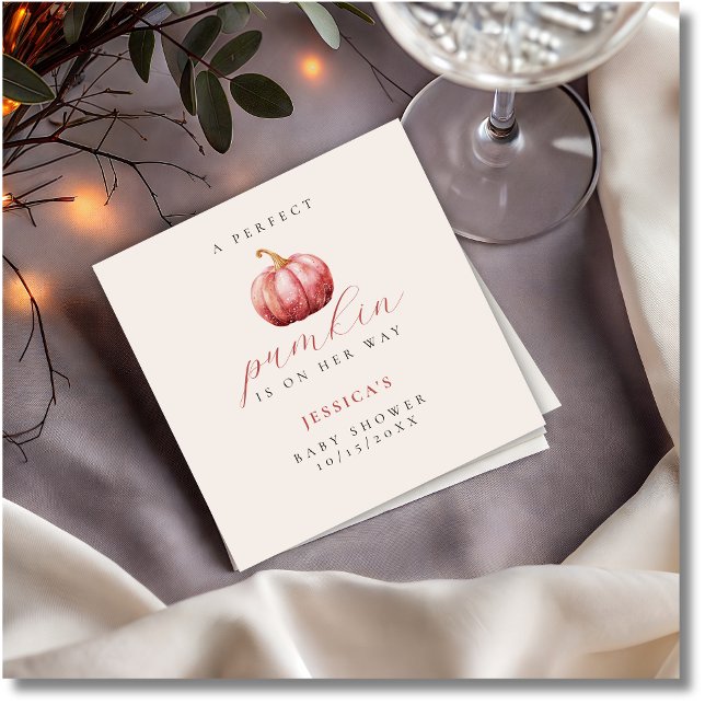 Servilleta De Papel Baby Shower de calabaza rosa acuarela (A whimsical watercolor pink pumpkin napkin.)
