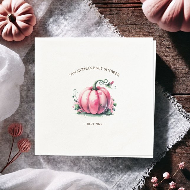 Servilleta De Papel Baby Shower de calabaza rosa otoño personalizado (Fall baby shower napkins simple watercolor pink pumpkin personalize with template)