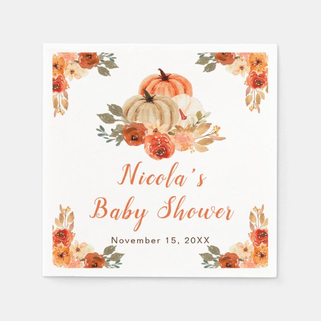 Servilleta De Papel Baby Shower de calabazas florales naranjas (Anverso)