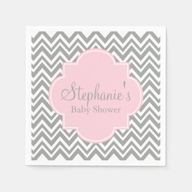 Servilleta De Papel Baby Shower de Chevron rosa gris, blanco y pastel (Anverso)
