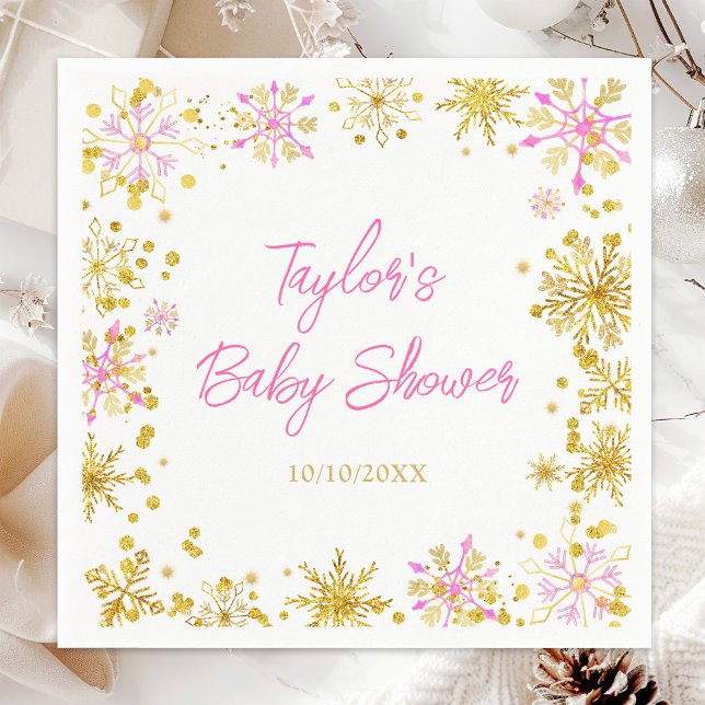 Servilleta De Papel Baby Shower de copos de nieve rosados y dorados (Subido por el creador)