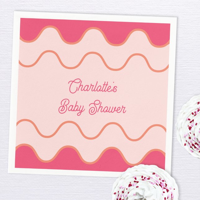 Servilleta De Papel Baby Shower de curva rosa de borde ondulado retro (Retro modern wavy curve border pink custom text baby shower paper napkins)