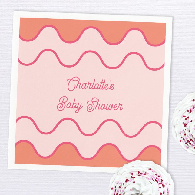 Servilleta De Papel Baby Shower de curva rosa Naranja ondulada retro (Retro modern wavy curve border custom text baby shower paper napkins)