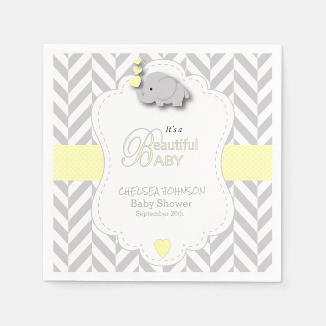 Servilleta De Papel Baby Shower de elefante gris blanco amarillo (Anverso)