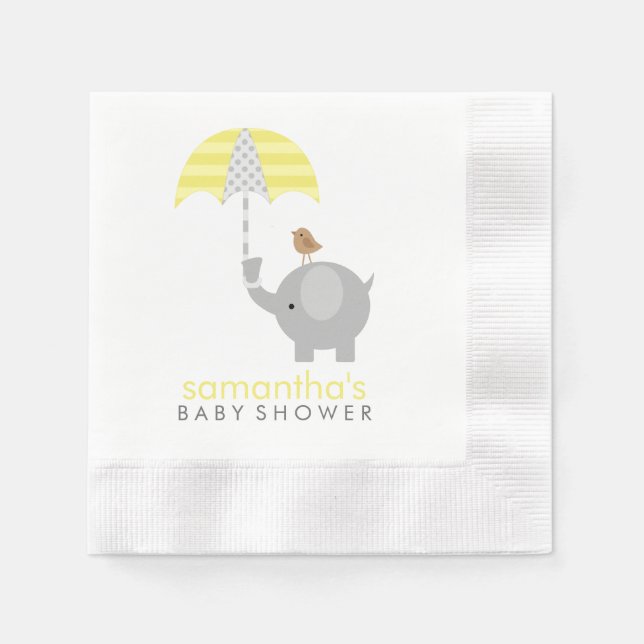 Servilleta De Papel Baby Shower de elefante gris y amarillo (Anverso)