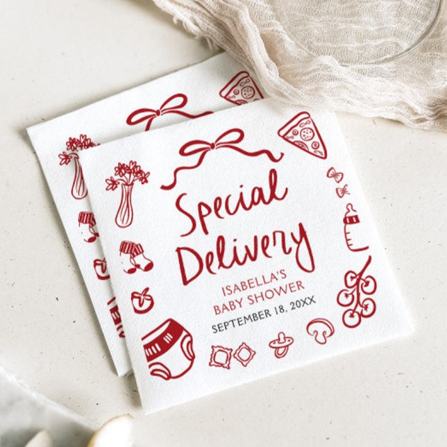 Servilleta De Papel Baby Shower de entrega especial de pizza de mano r (Red Hand Drawn Pizza Special Delivery Baby Shower Napkins)