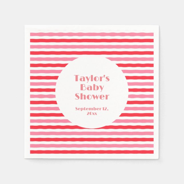 Servilleta De Papel Baby Shower de franjas rosadas rojas blancas (Anverso)