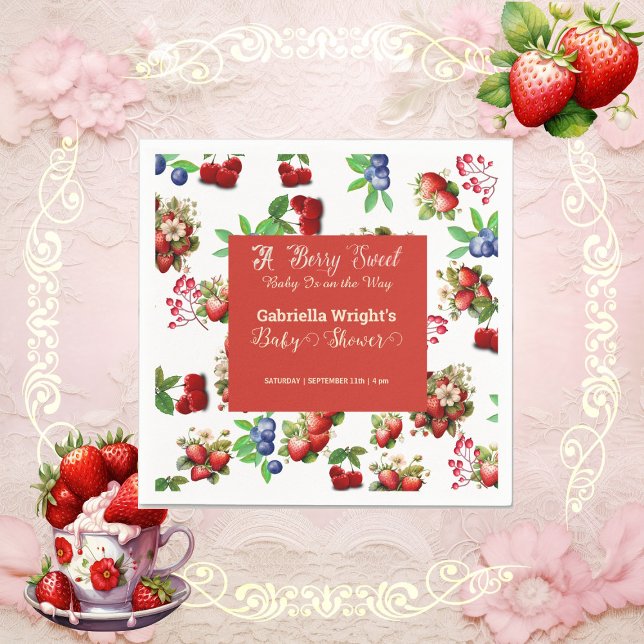Servilleta De Papel Baby Shower de fresa roja | Blue Berry Sweet Cute (Red Strawberry Baby Shower | Blue Berry Sweet Cute Napkins)