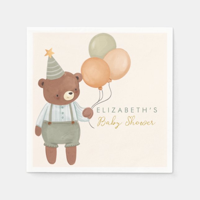 Servilleta De Papel Baby Shower de globo de oso mate (Anverso)