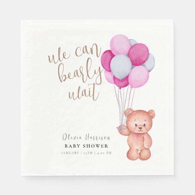 Servilleta De Papel Baby Shower de globo rosa Bear Wait Bear Bear (Anverso)