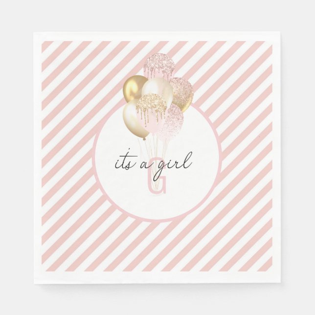 Servilleta De Papel Baby Shower de globos rosados y dorados (Anverso)