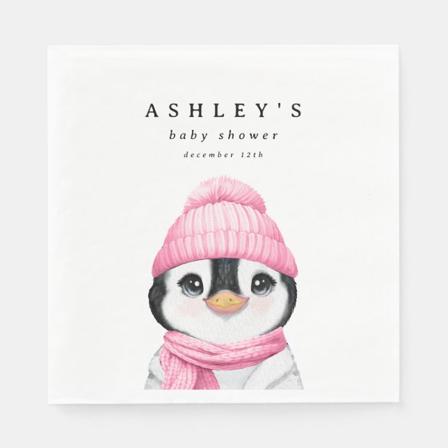 Servilleta De Papel Baby Shower de invierno Pink Penguin (Anverso)