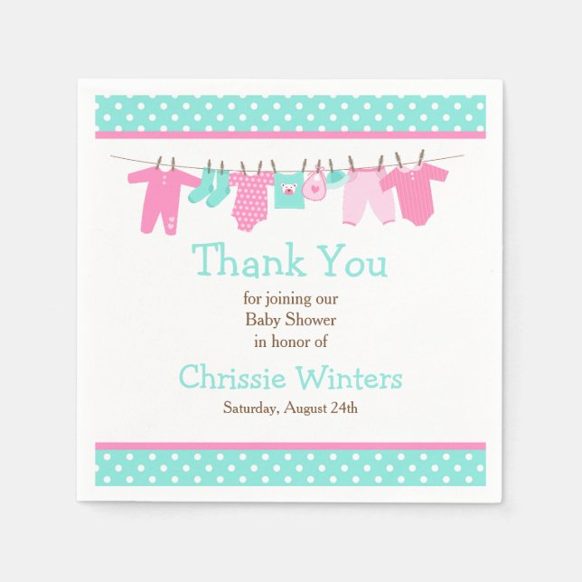 Servilleta De Papel Baby Shower de la línea de bebé rosa y verde (Anverso)