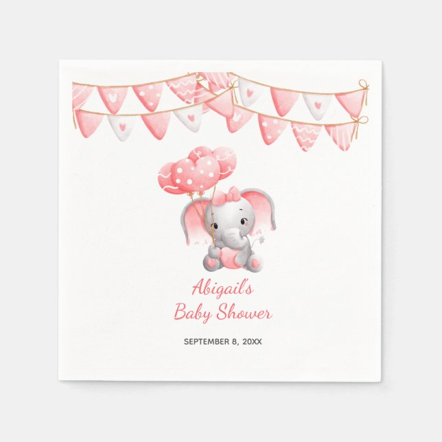 Servilleta De Papel Baby Shower de los globos elefantes rosados (Anverso)