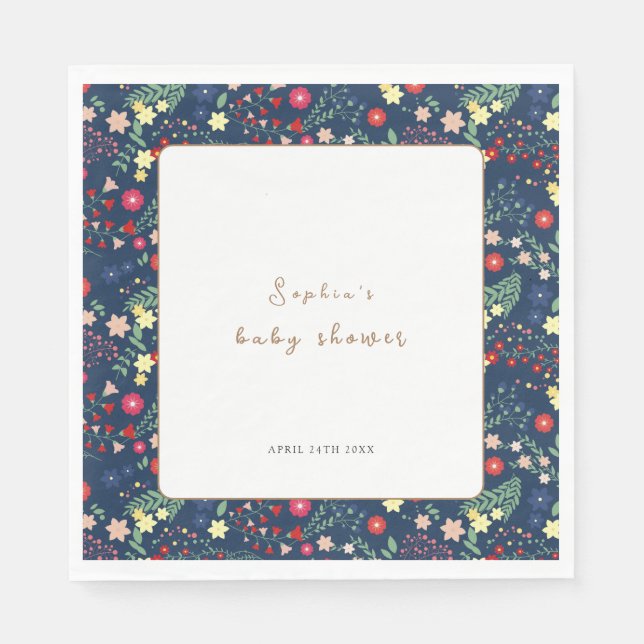 Servilleta De Papel Baby Shower de marco de flor salvaje azul marino (Anverso)