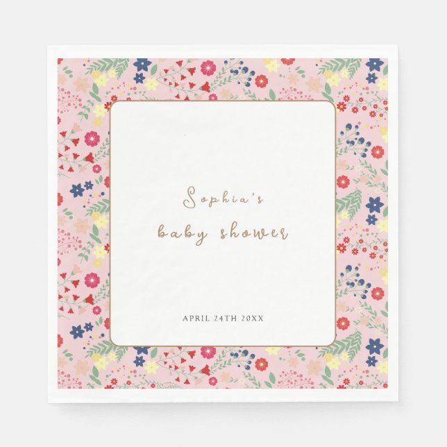 Servilleta De Papel Baby Shower de marco de flor silvestre rosa pequeñ (Anverso)