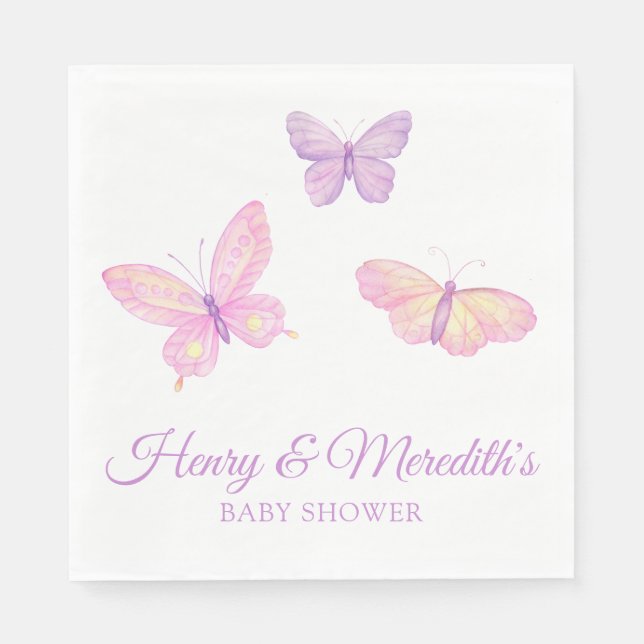 Servilleta De Papel Baby Shower de mariposa morada rosa para niño o Ch (Anverso)
