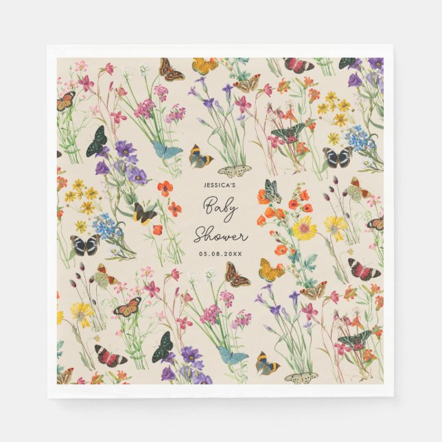 Servilleta De Papel Baby Shower de mariposas acuarela Wildflowers (Anverso)