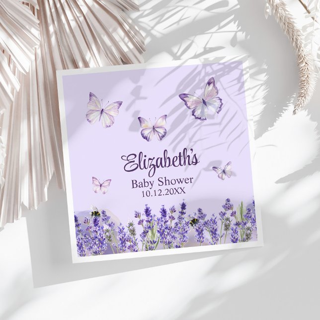 Servilleta De Papel Baby Shower de mariposas moradas y lavanda (Purple Butterflies and Lavenders Baby Shower Napkins on a white sunny table.)
