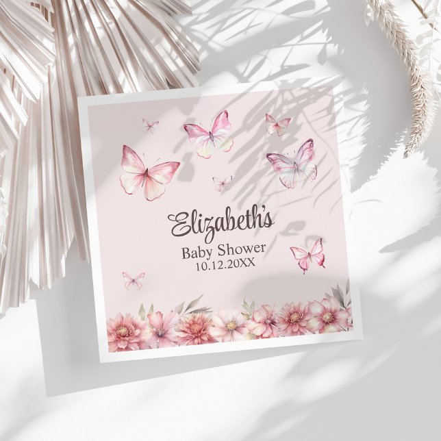 Servilleta De Papel Baby Shower de mariposas y flores rosadas (Pink Butterflies and Flowers Baby Shower Napkins on a white sunny table.)