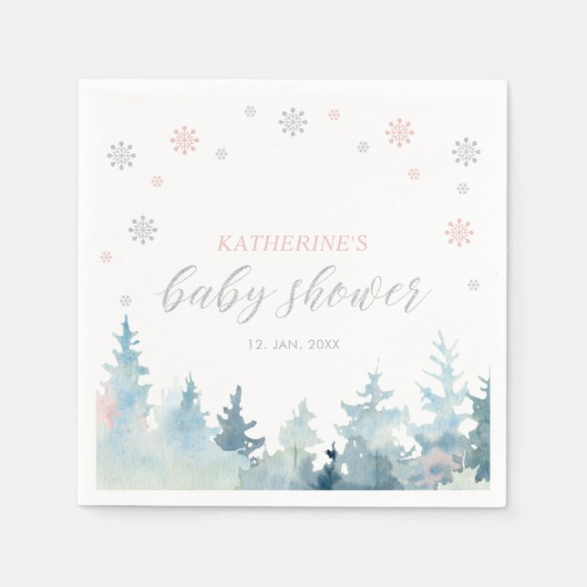 Servilleta De Papel Baby Shower de nieve de invierno plateado y rosa W (Anverso)