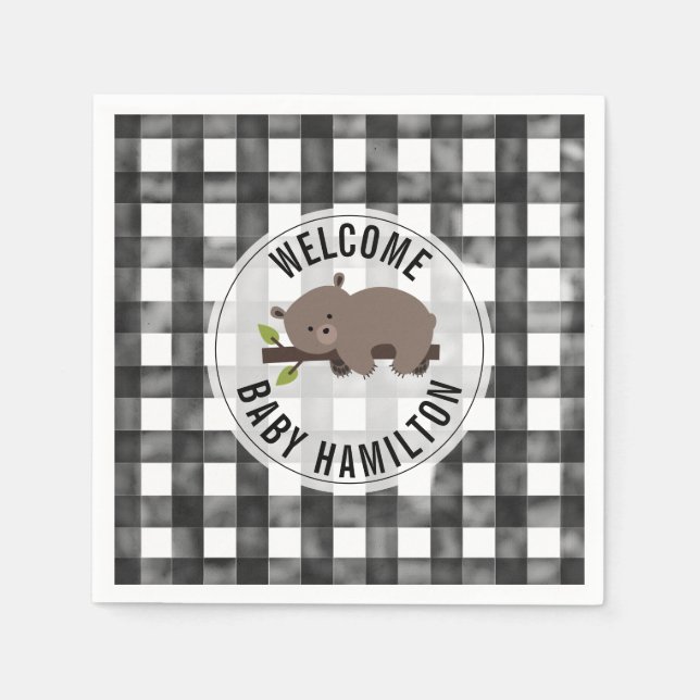 Servilleta De Papel Baby Shower de oso brillante negro + blanco de Gin (Anverso)