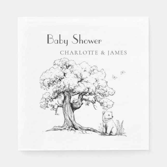 Servilleta De Papel Baby Shower de oso de la selva negra y blanca (Anverso)