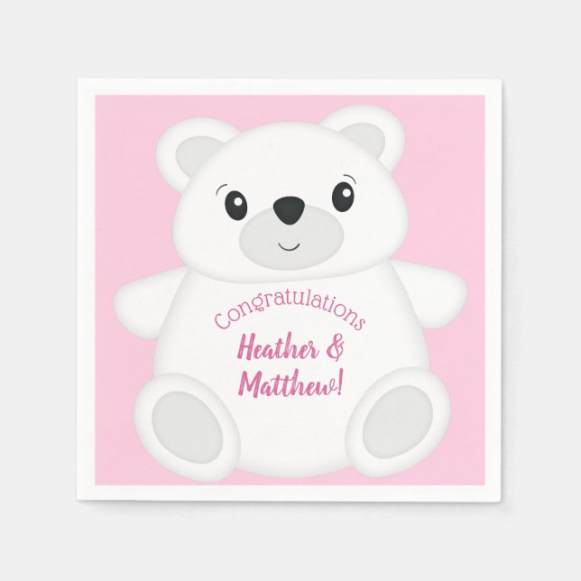 Servilleta De Papel Baby Shower de oso polar rosa (Anverso)