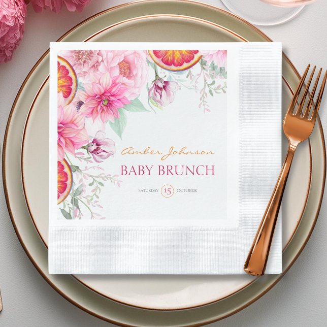 Servilleta De Papel Baby Shower de Peonies y Citrus Rosados (Citrus and pink watercolor flowers baby shower party napkins)