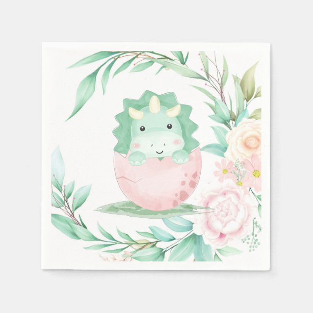 Servilleta De Papel Baby Shower de Peony Green Dinosaur Peony (Anverso)