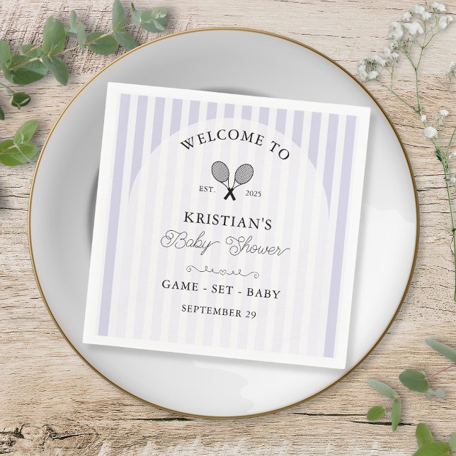 Servilleta De Papel Baby Shower de Preppy Purple Tennis Country Club (elegant light purple stripes tennis theme baby shower napkins for chic preppy country club events)