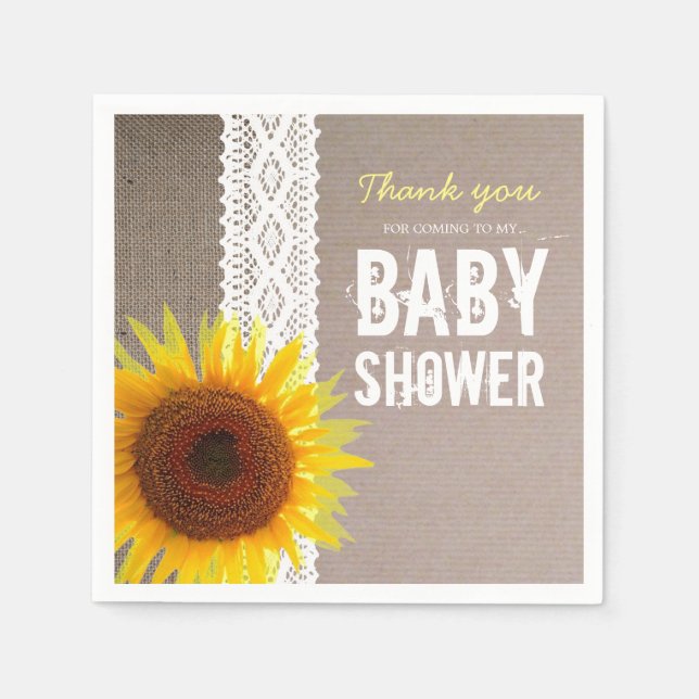 Servilleta De Papel Baby Shower de Sunflower Burlap y Crochet Lace (Anverso)