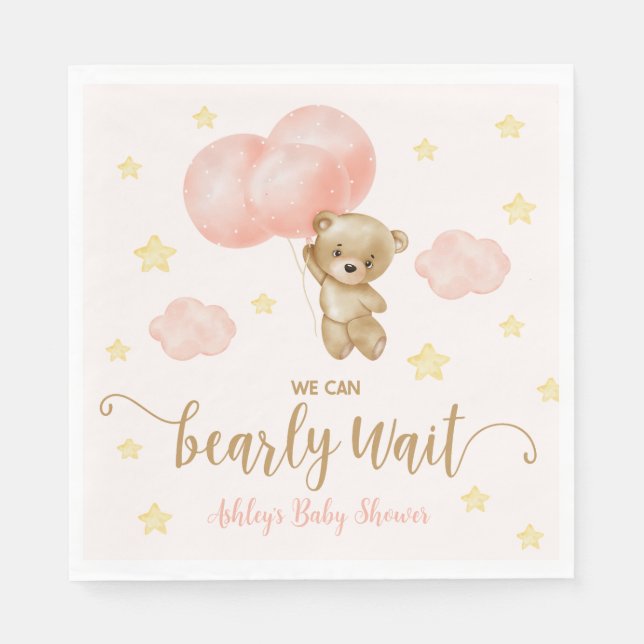 Servilleta De Papel Baby Shower de Teddy Bear and Pink Balloons (Anverso)