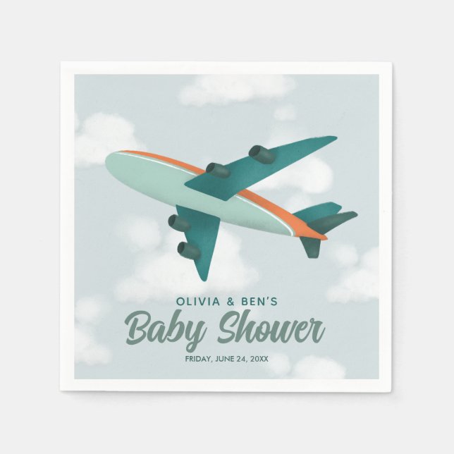 Servilleta De Papel Baby Shower de viajes de los chicos en avión azul (Anverso)