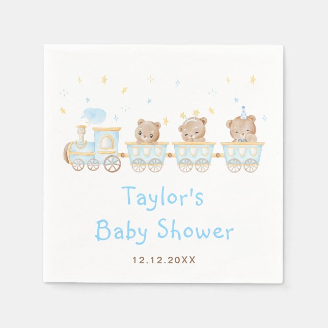Servilleta De Papel Baby Shower del tren azul del oso (Anverso)