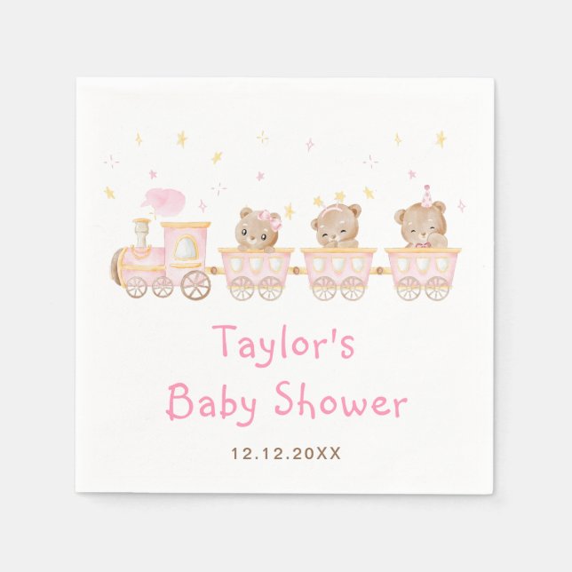 Servilleta De Papel Baby Shower del tren rosa del oso (Anverso)