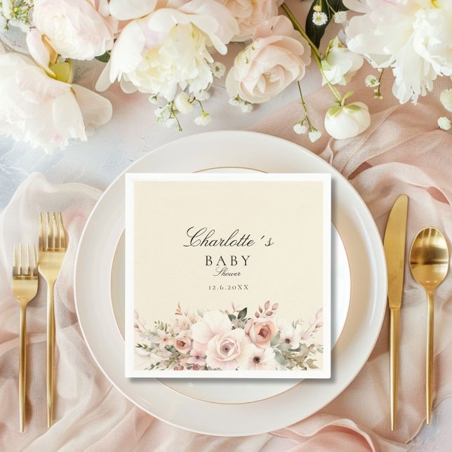 Servilleta De Papel Baby Shower elegante con flores pastel (Elegant pastel flower bouquet Baby Shower Napkins with your name and date.)