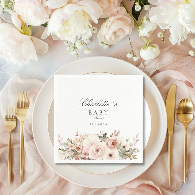 Servilleta De Papel Baby Shower elegante con flores pastel (Elegant pastel flower bouquet Baby Shower Napkins with your name and date.)