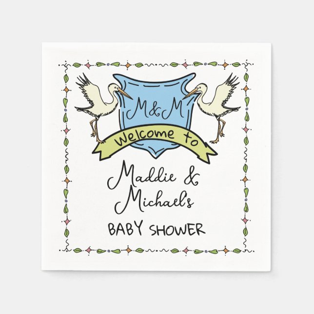 Servilleta De Papel Baby Shower Escudo de cigüeña dibujado por mano (Anverso)