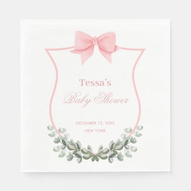 Servilleta De Papel Baby Shower Escudo de Eucaliptus Bow Elegante Rosa (Anverso)