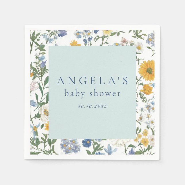 Servilleta De Papel Baby Shower floral azul y amarillo (Anverso)